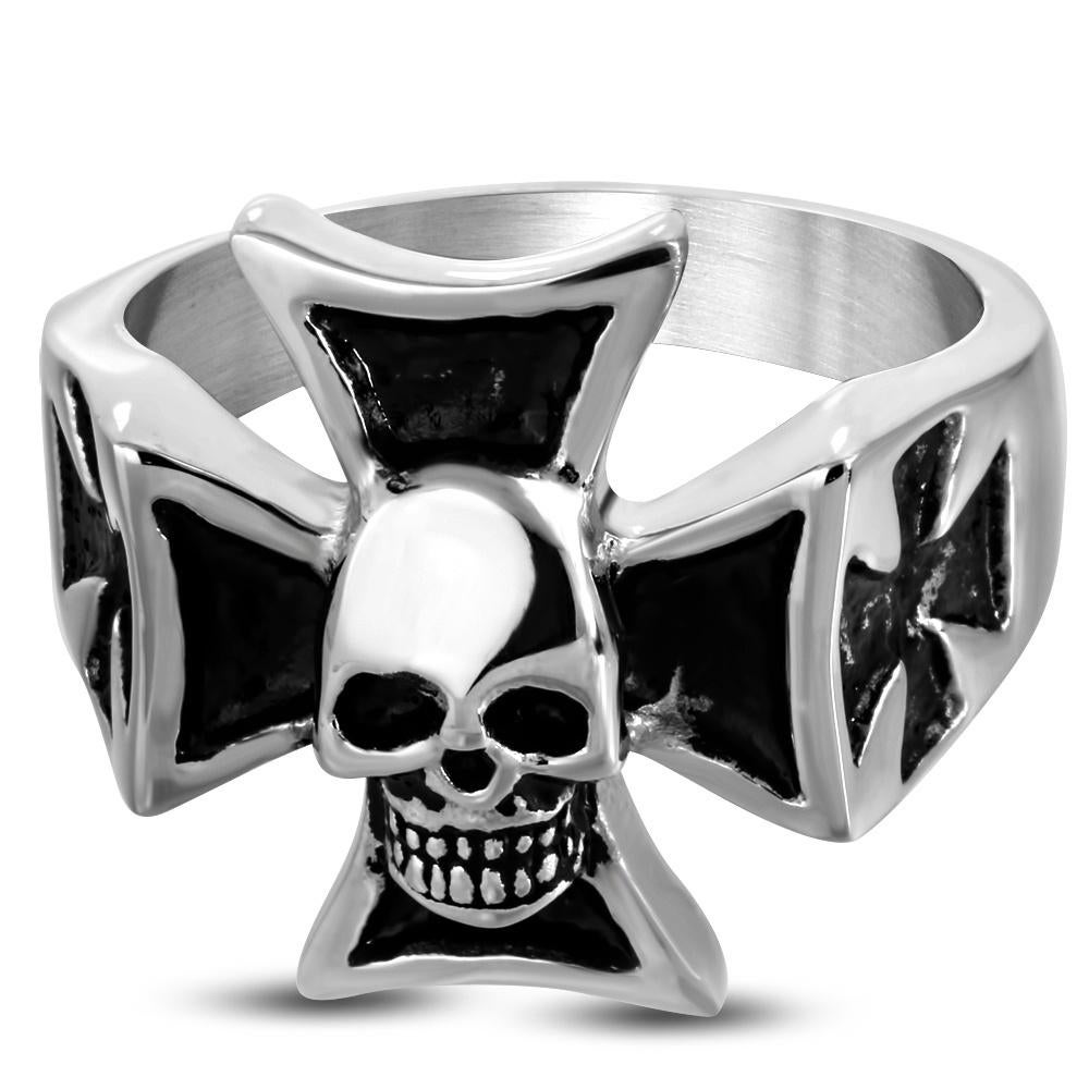 Maltezer kruis met skull herenring in edelstaal, Ophalen of Verzenden, Nieuw, IJzer of Staal, Heer