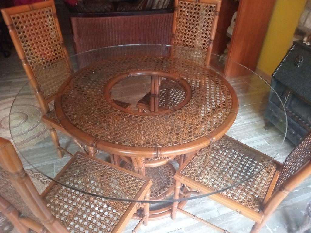 belle table en rotin, Enlèvement, Comme neuf, Rond, Verre