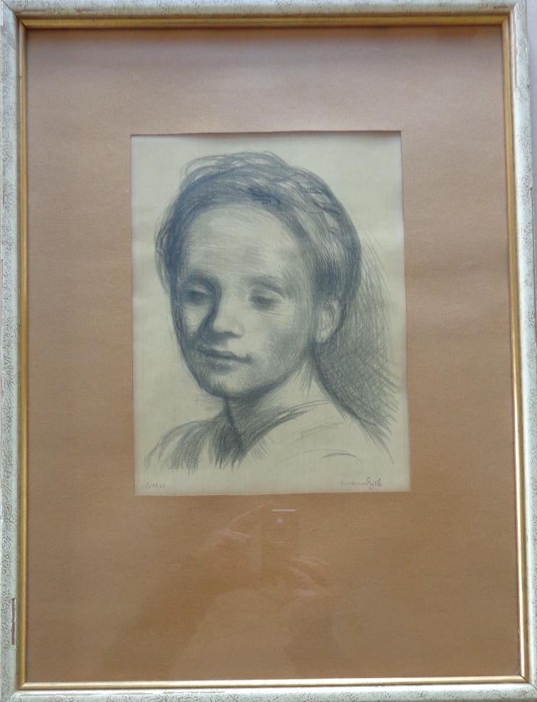 ALBERT VAN DYCK / MEISJESGEZICHT / ZW-W LITHO 56x42cm KADER, Ophalen of Verzenden