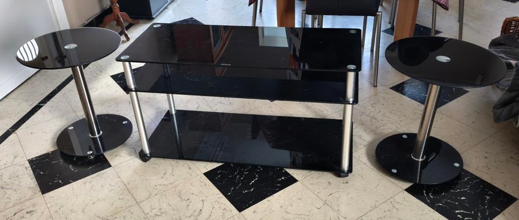 Tv meubel in glas met 2 bijzettafeltjes, Huis en Inrichting, Ophalen, Glas