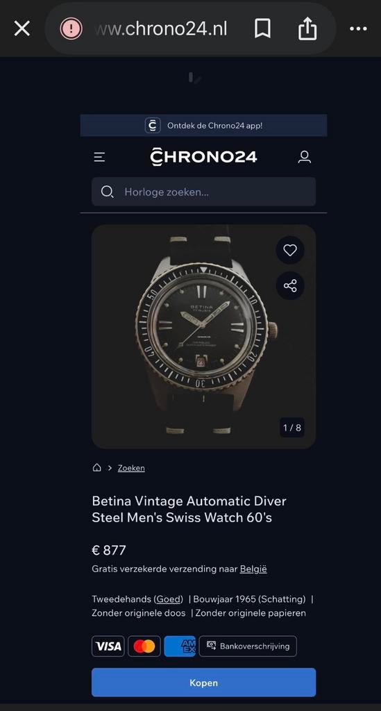 Betina Diver Automatic Vintage '60 (rare), Montre-bracelet, Enlèvement ou Envoi, Cuir, Acier