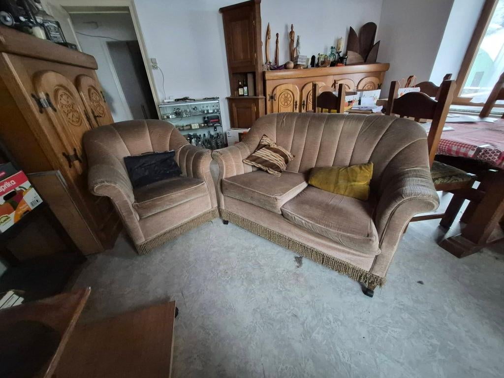 Canapé + fauteuil vintage en velours beige à prix d'amis !, Moins de 150 cm, Vintage, Banc droit, Comme neuf