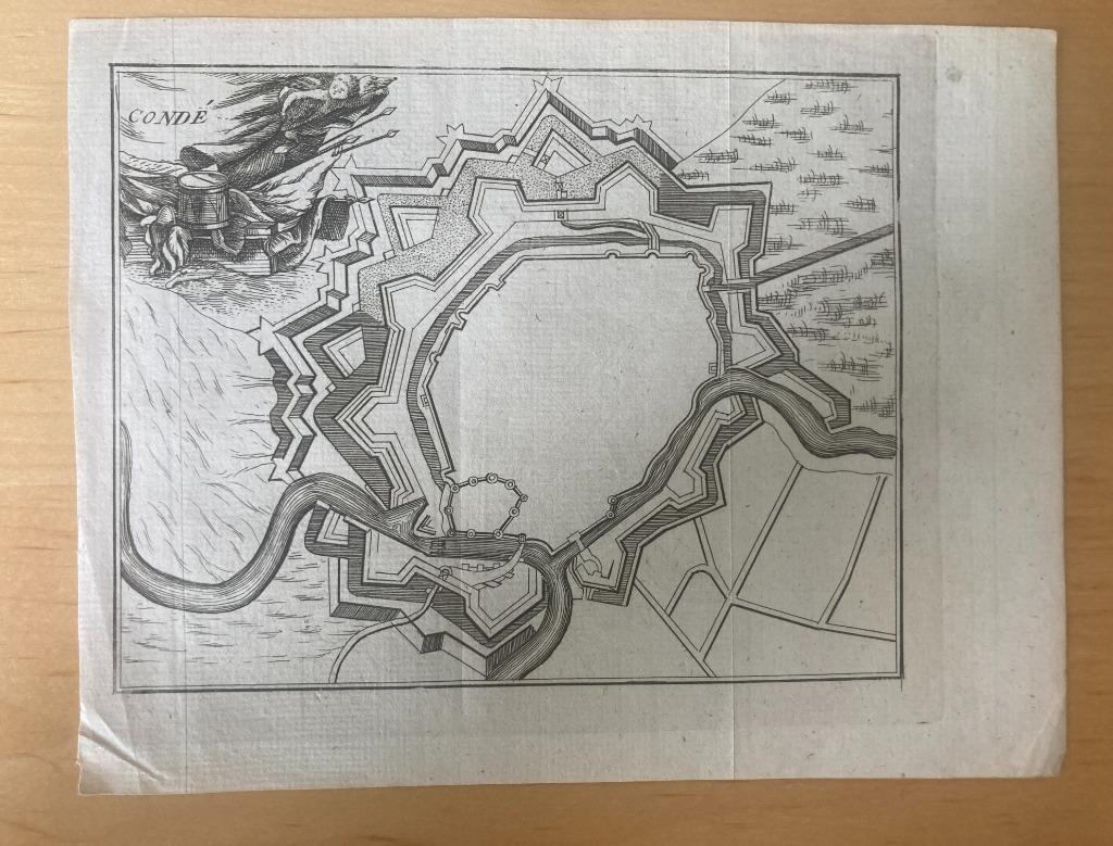 Gravure Condé (Fr) vestingsplan  – ca 1750 naar Harrewijn, Antiek en Kunst, Kunst | Etsen en Gravures, Ophalen of Verzenden