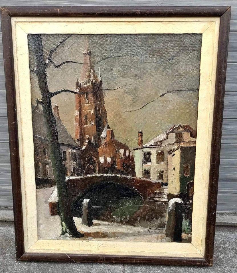 Huile sur toile église sous la neige signe Isidore saeys, Antiquités & Art, Enlèvement ou Envoi