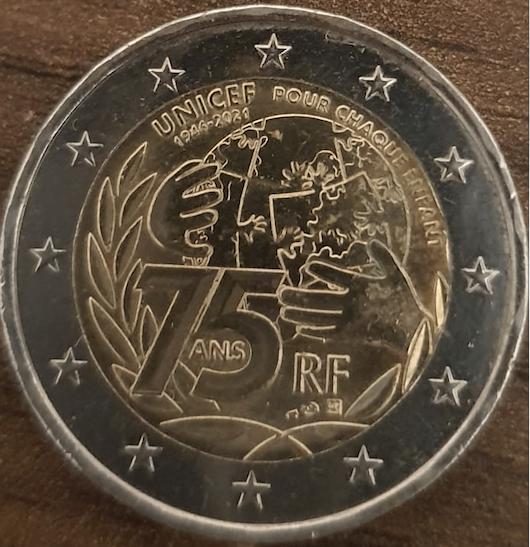 2 EURO Herdenkingsmunt 75 jaar UNICEF Frankrijk, Ophalen of Verzenden, Frankrijk, 2 euro, Losse munt
