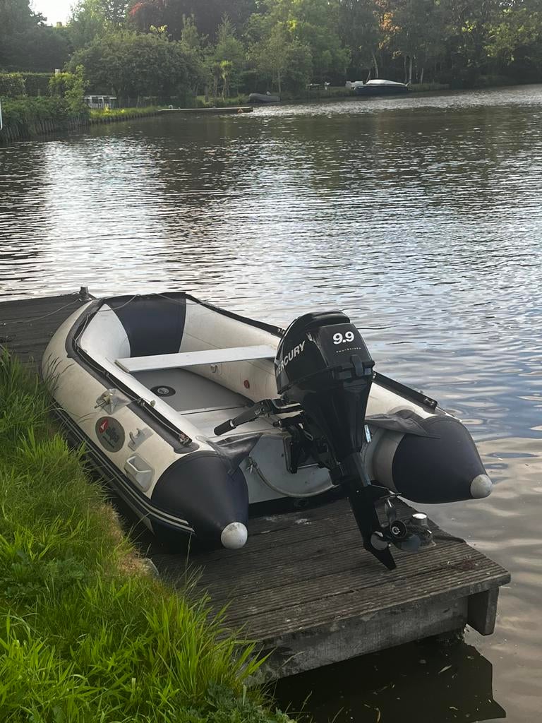 Rubberboot met mercury 9.9 pk buitenboordmotor, Watersport en Boten, Rubberboten, Aluminium, Zo goed als nieuw, Benzine, Minder dan 70 pk