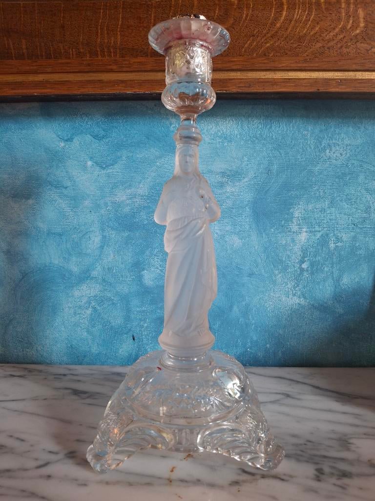 Vintage bougeoir religieux en verre pressé et moulé année 20, Enlèvement, Verre