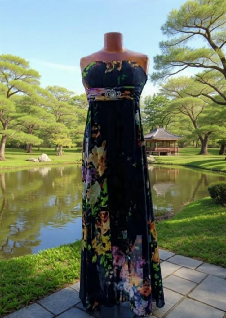 Lange, strapless galajurkL met bloemenprint met riem strass, Kleding | Dames, ANDERE, Galajurk, Zwart, Maat 42/44 (L)