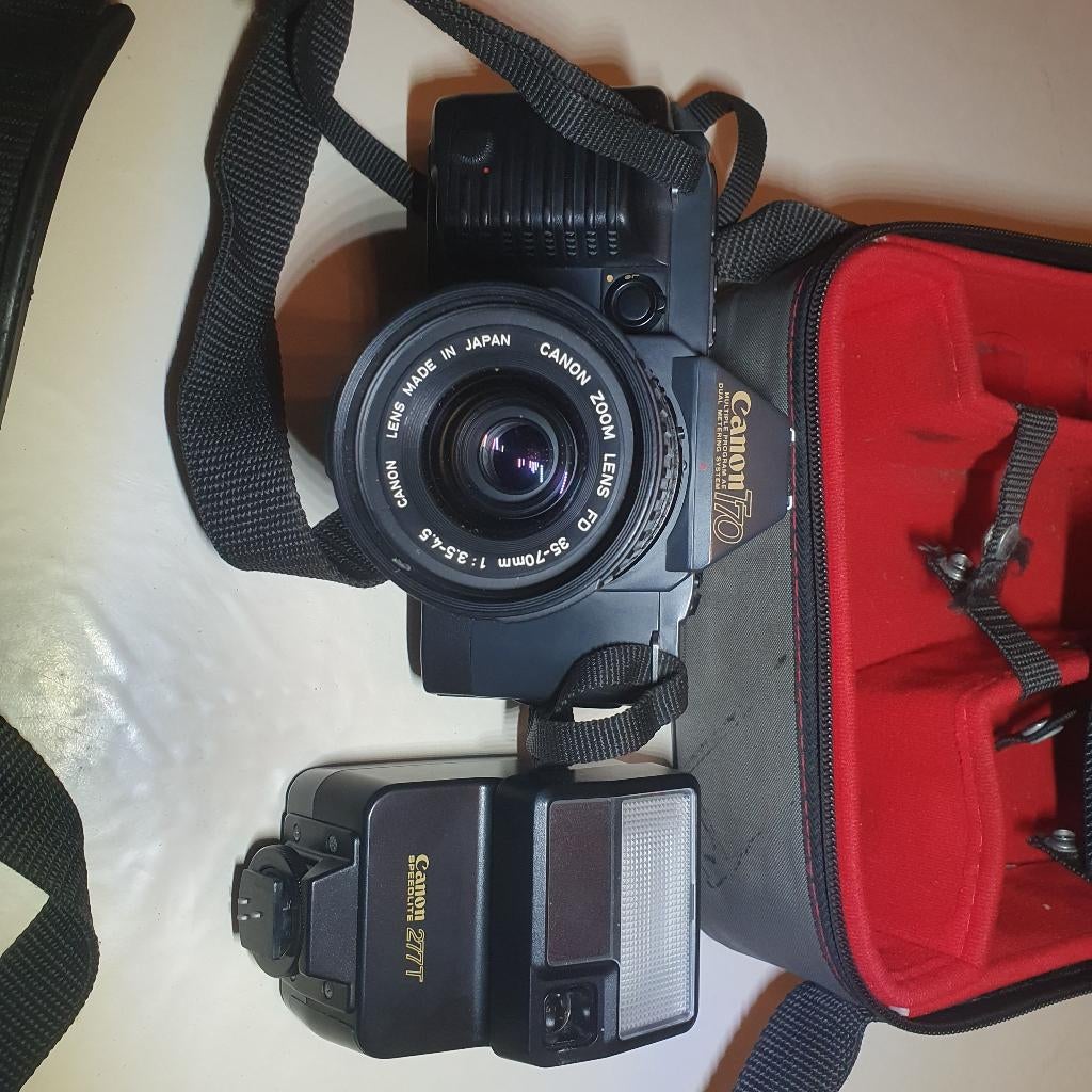 canon T70 + lens 35-70 mm + flits 277T, Ophalen of Verzenden, Gebruikt, Canon