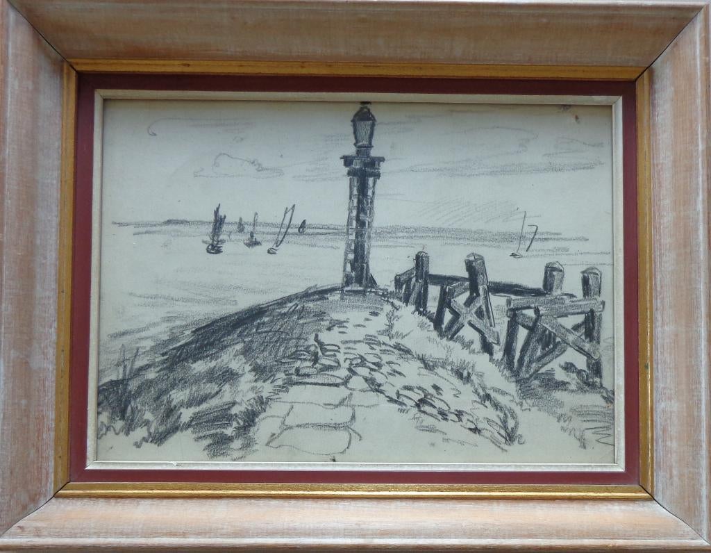 JULIEN CREYTENS / VUURTOREN / ORIGINEEL WERK / 35x44cm KADER, Enlèvement ou Envoi