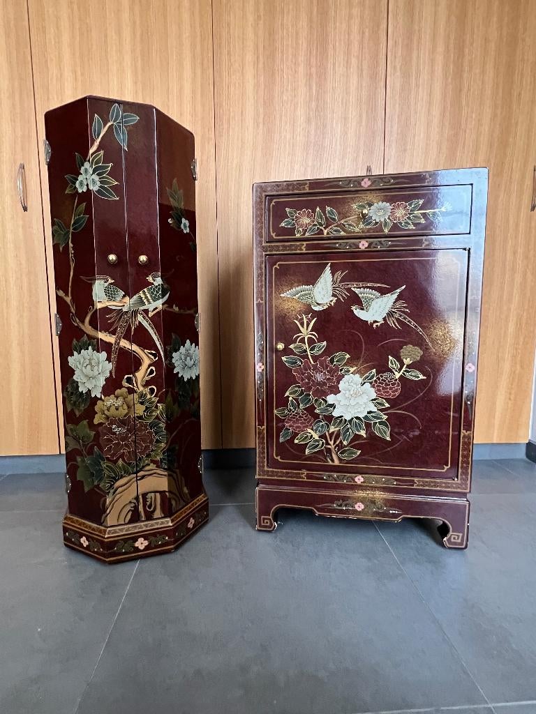 Set van 2 Chinese gelakte meubels, bloemen- en vogelpatronen, Antiek en Kunst, Ophalen