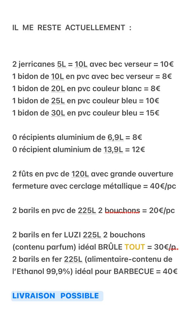 Baril fer 225L x 4= 30€/pc + Bidon 5L- 10L avec bec verseur, Enlèvement ou Envoi, Comme neuf