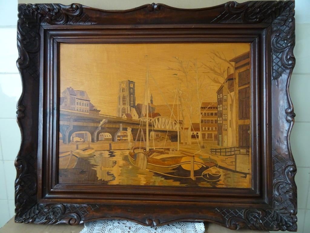 Ingelegd hout schilderij Rotterdam 78x63cm Intarsia 1948, Antiek en Kunst, Kunst | Schilderijen | Klassiek, Ophalen of Verzenden