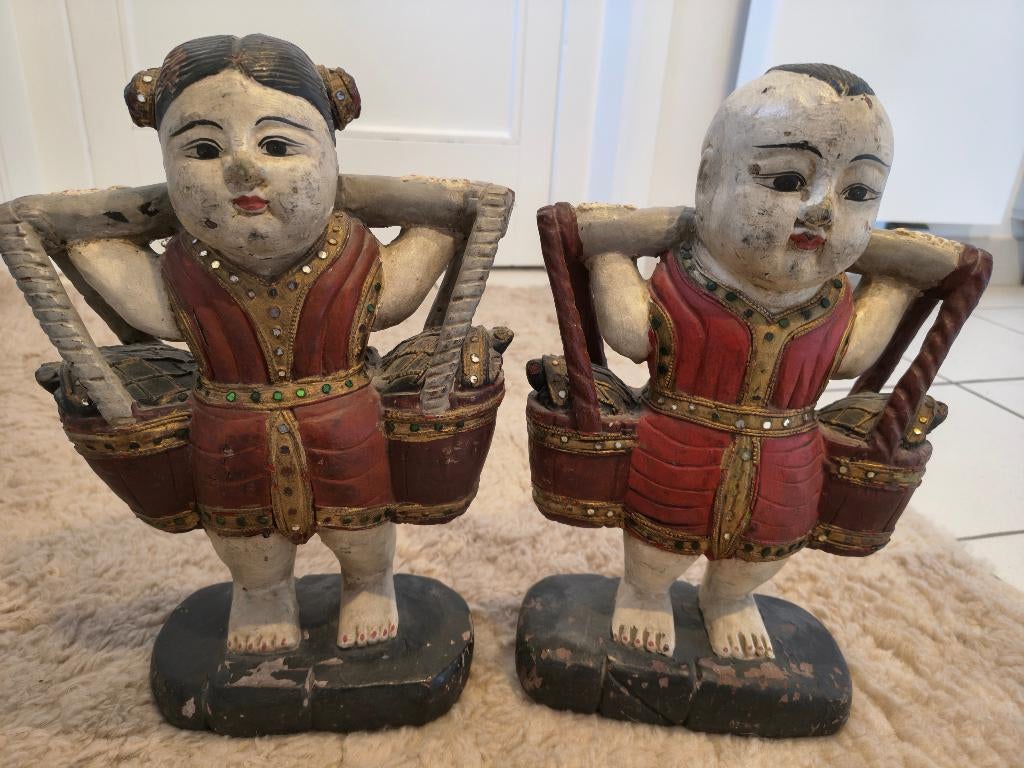 Thaise houten poppen beelden jongen meisje met schildpadden, Antiek en Kunst, Ophalen