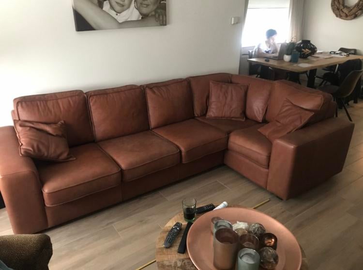 Cognac lederen hoeksalon, Huis en Inrichting, Ophalen, Zo goed als nieuw