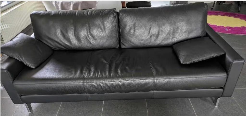 Rolf Benz 3 zit zwart lederen zetel, Ophalen, Driepersoons, Leer, Zo goed als nieuw