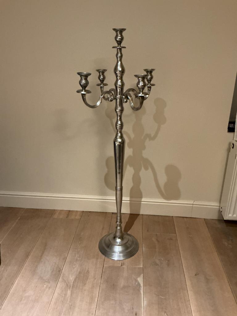 Zilverkleurige metalen Kandelaar 5-armig 145cm hoog, Ophalen, Overige materialen