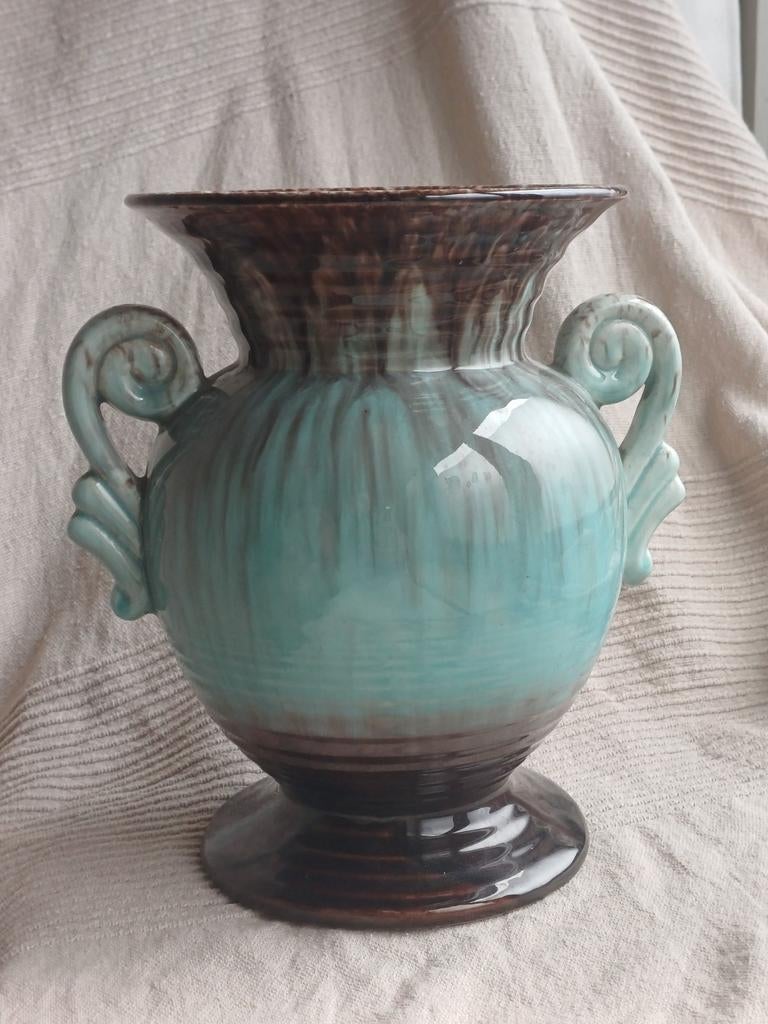 Vintage West Germany vaas, turquoise/bruin, 21 cm, Antiek en Kunst, Ophalen