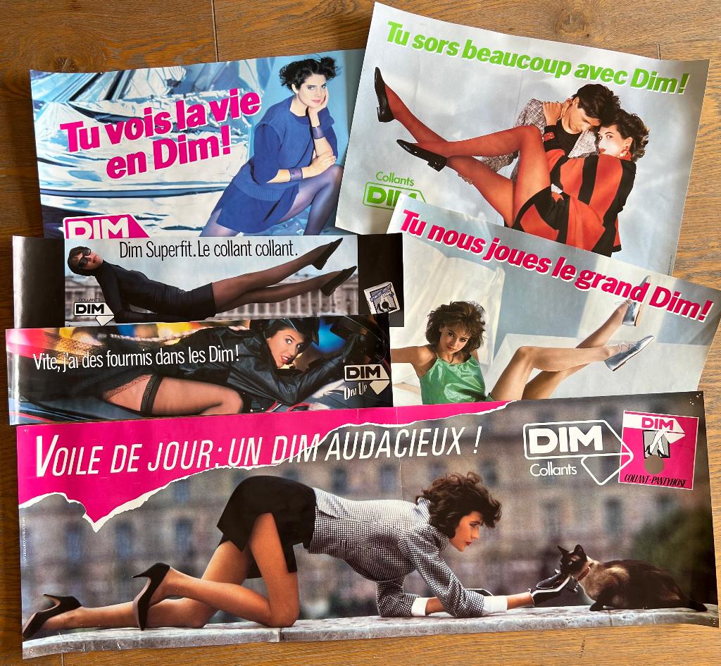 6 anciennes affichettes publicitaires Dim, Enlèvement, Utilisé, A1 jusqu'à A3, Publicité