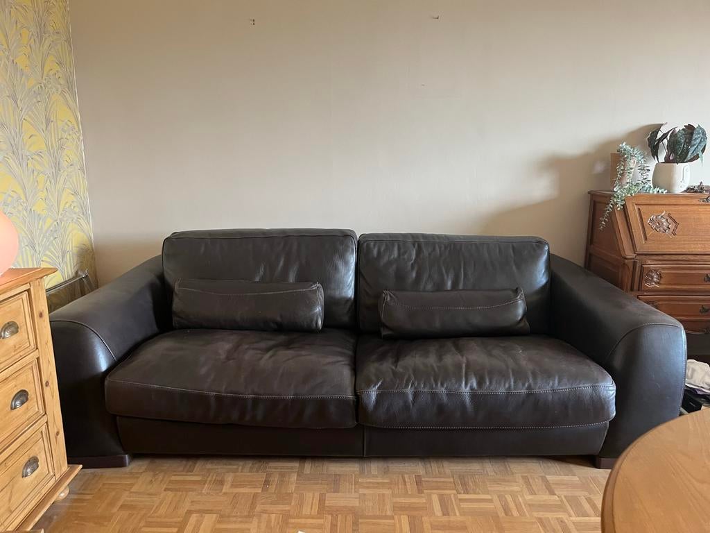 Lederen zetel 3-zit donkerbruin, Maison & Meubles, Canapés | Salons, Utilisé, Banc droit, Trois personnes, 150 à 200 cm, Cuir