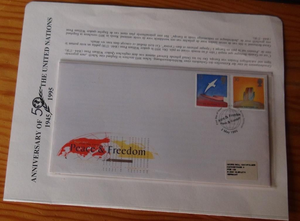 Brits poststuk 50 jaar VN 1945 - 1995, Postzegels en Munten, Postzegels | Europa | UK, Ophalen of Verzenden, Gestempeld