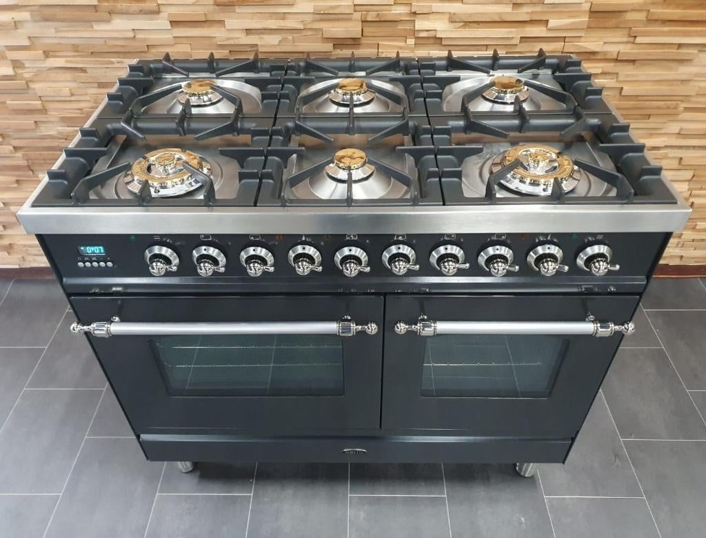 🔥Luxe Boretti Fornuis 100cm antraciet + rvs 6 pits 2 ovens, Elektronische apparatuur, Fornuizen, Zo goed als nieuw, Vrijstaand