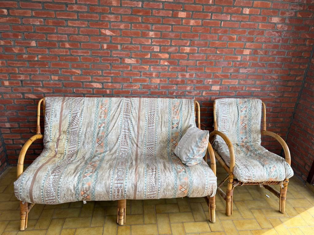 Rotan|Riet set van 1 tweezit en 1 eenzit, Huis en Inrichting, Ophalen, Gebruikt