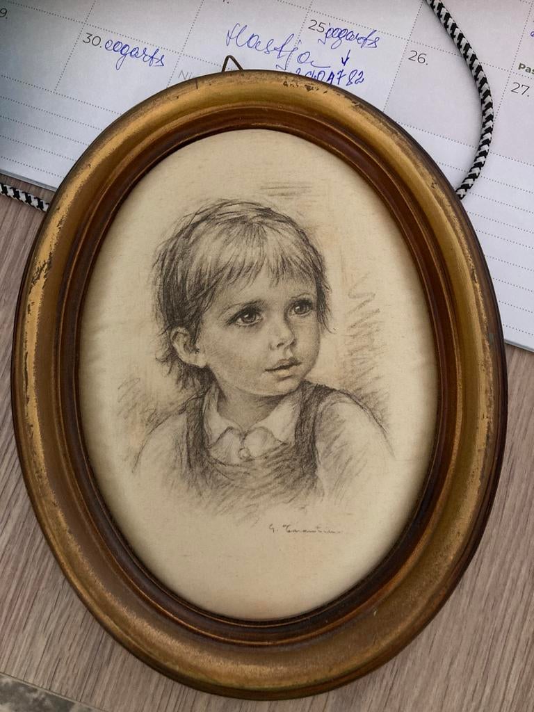 Cadre ovale vintage avec impression en soie vintage, Maison & Meubles, Enlèvement ou Envoi, Comme neuf, Bois