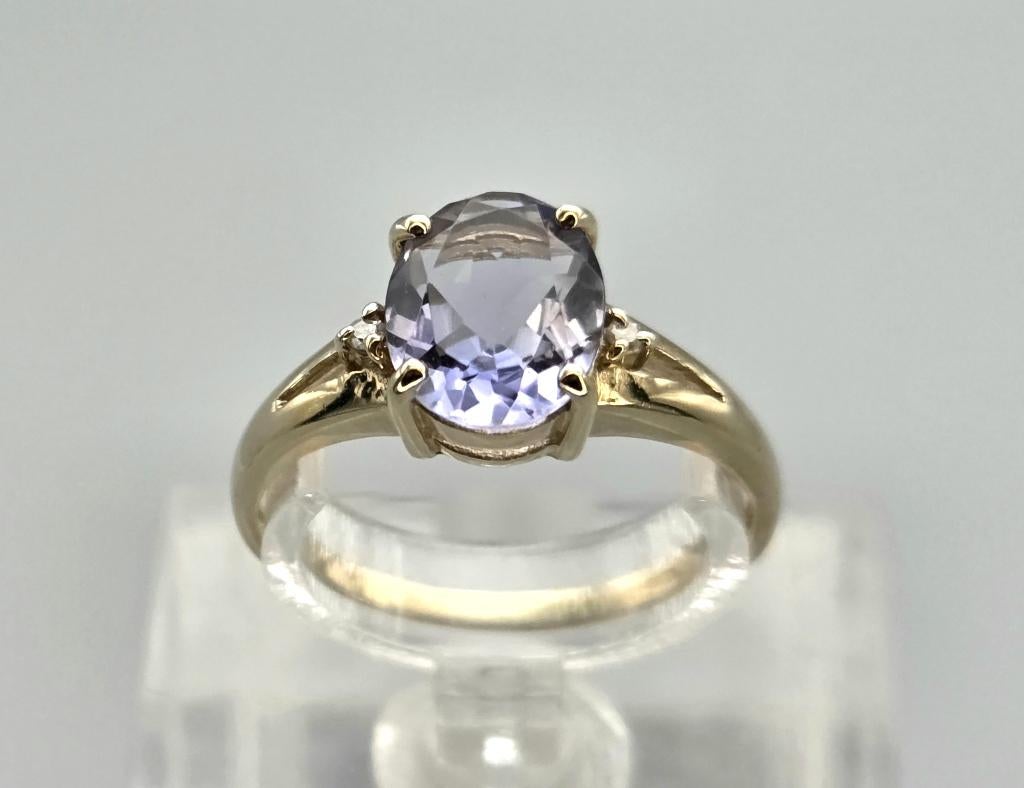 Gouden Vintage ring edelsteen tanzaniet en diamant. 2025/856, Bijoux, Sacs & Beauté, Bagues, Comme neuf, Or, 17 à 18, Violet