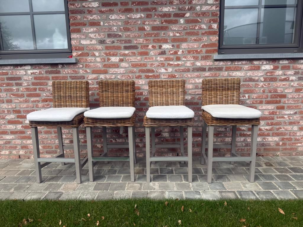 Set van 4 Landelijke Barkrukken – Rattan/Riet, Ophalen, Gebruikt, Met voetsteun, 60 tot 90 cm