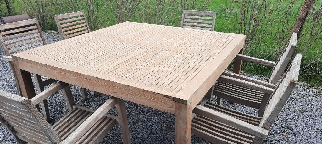 ensemble jardin teck table carrée 150cm+6ch.  wood wood & co, Chaise, 8 places, Enlèvement, Utilisé