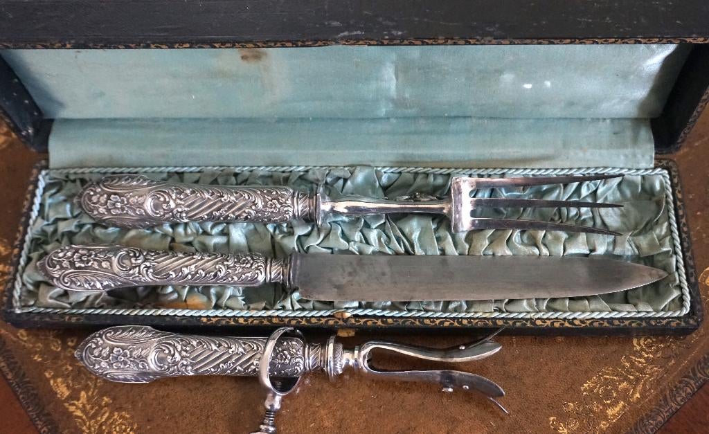 Antieke gestempelde zilveren snijset, Antiek en Kunst, Antiek | Zilver en Goud, Zilver, Ophalen of Verzenden