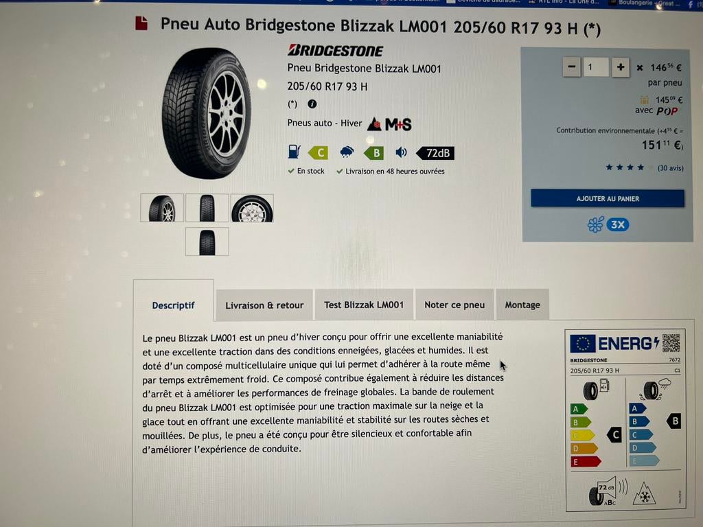 4pneusBridgestone  hiver Blizzak  205/60 R17, Pneus hiver, 205 mm, Enlèvement, Utilisé
