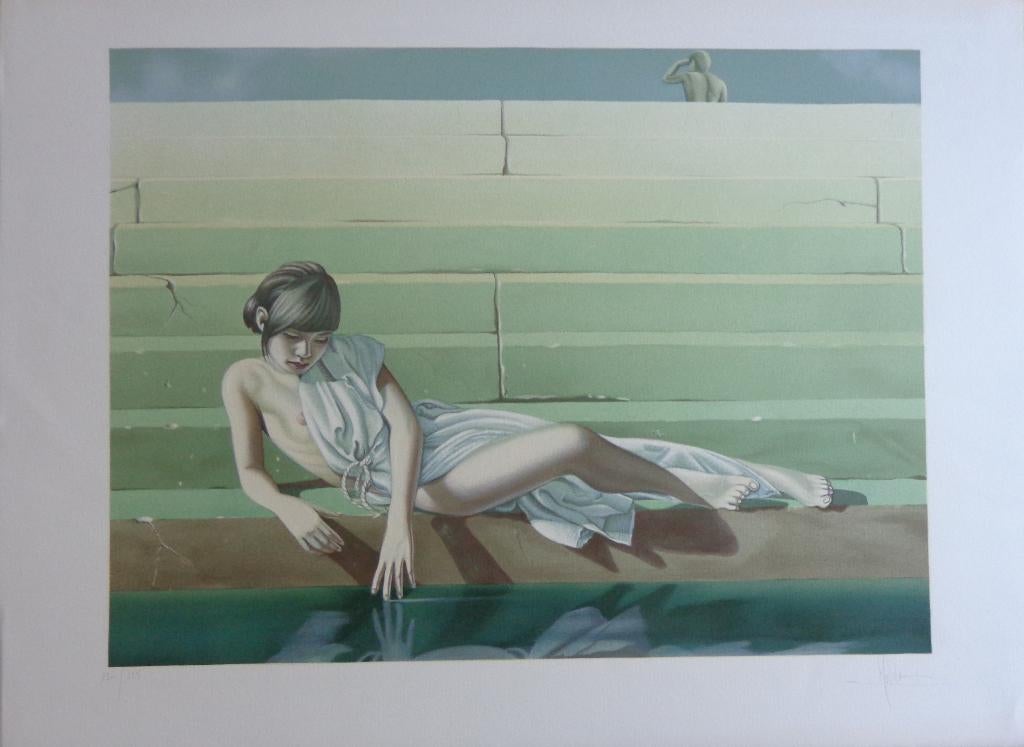 BERNARD MOLDAWAN / LIGGENDE NAAKTE VROUW KLEURLITHO 56x76cm, Antiquités & Art, Enlèvement ou Envoi