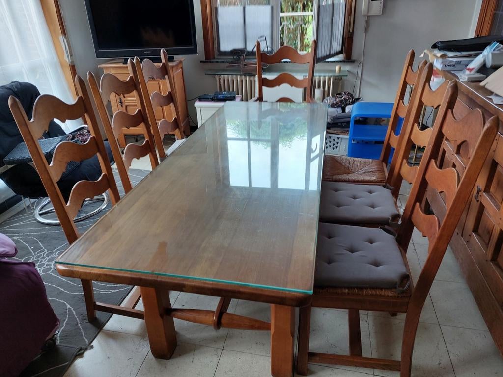 Table à manger en chêne + verre + 7 chaises, Maison & Meubles, Salles à manger complètes, Utilisé, Enlèvement