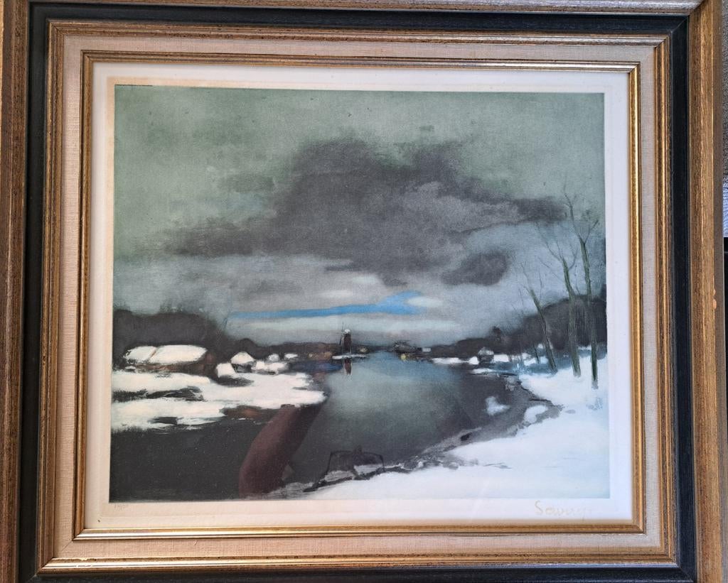 SAVERYS Albert "Winterse Leie met molen" oude kleurets, Antiek en Kunst, Ophalen