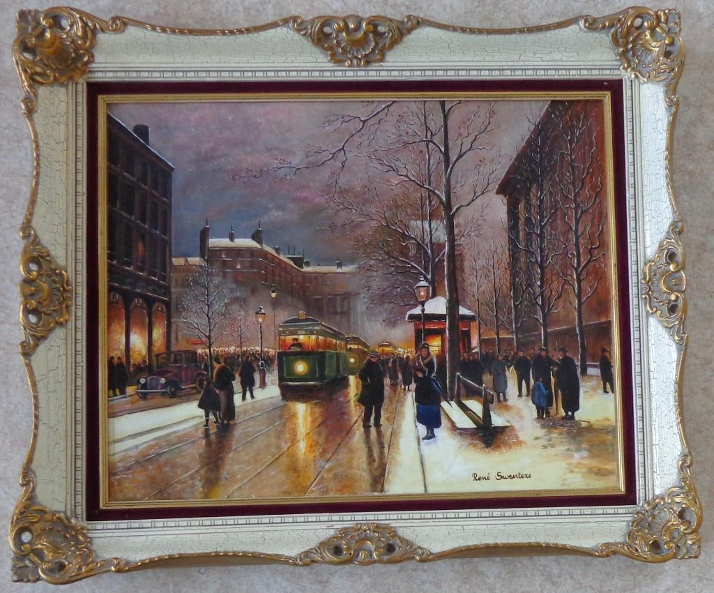 RENE SWENTERS / MENSEN IN DE STAD / OLIEVERF / 53x63cm KADER, Ophalen of Verzenden