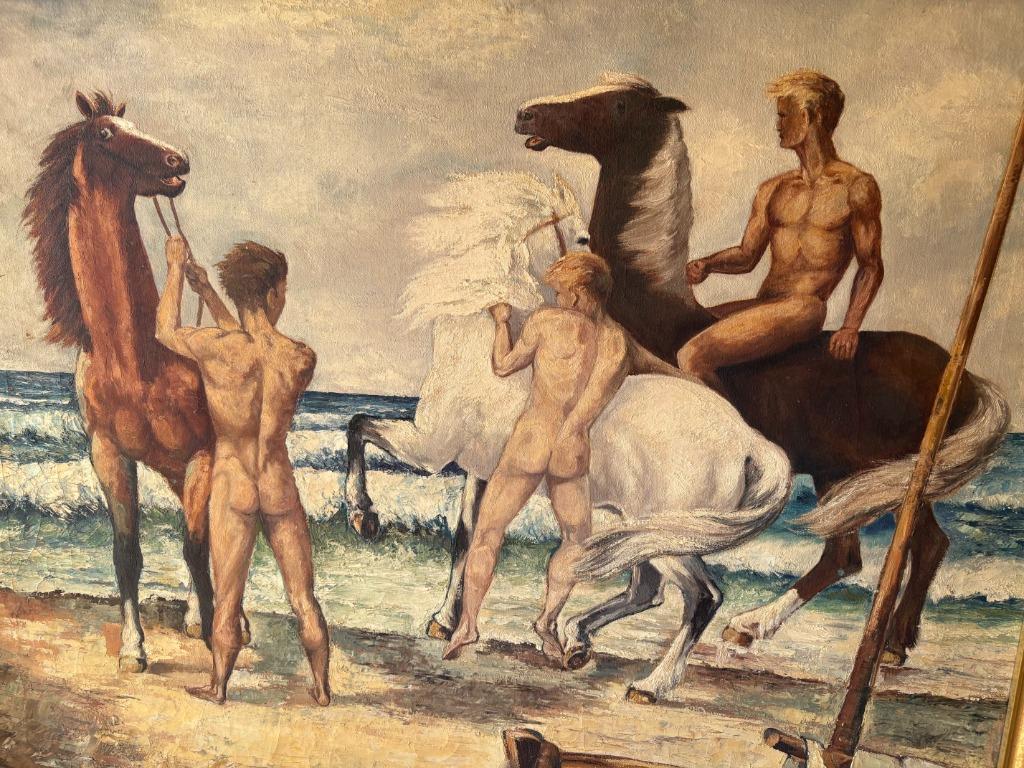 Schilderij 3 naakte mannen aan zee op paard, Antiek en Kunst, Kunst | Schilderijen | Modern, Ophalen