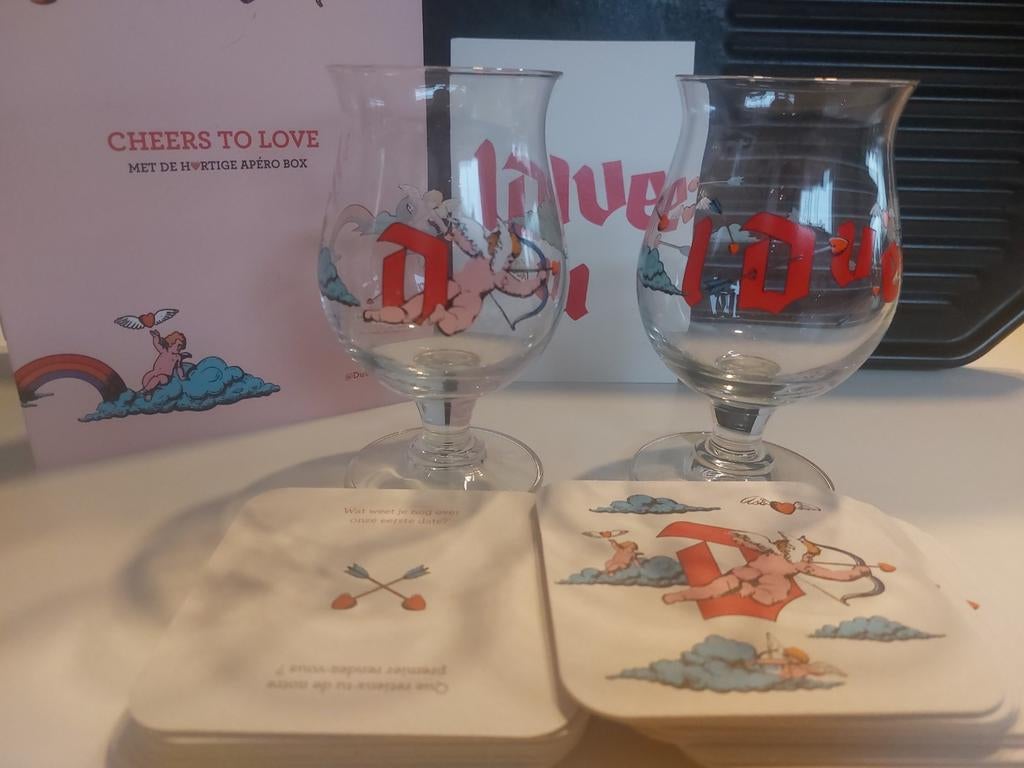 Duvel Valentijn set glazen postkaart bierviltjes, Ophalen of Verzenden, Duvel