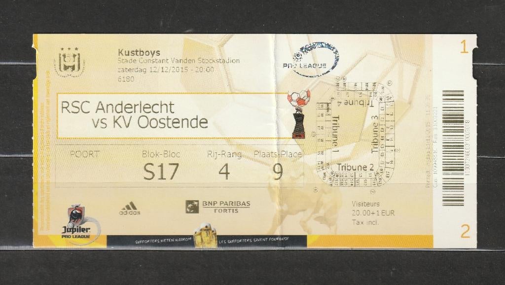 (gebruikt) ticket : Anderlecht - KV Oostende, 12/12/2015, Ophalen of Verzenden, Gebruikt, Overige typen