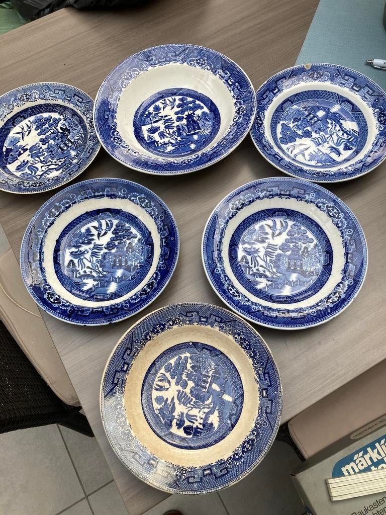 Antieke blauw-witte Willow- borden 6 stuks, Ophalen of Verzenden