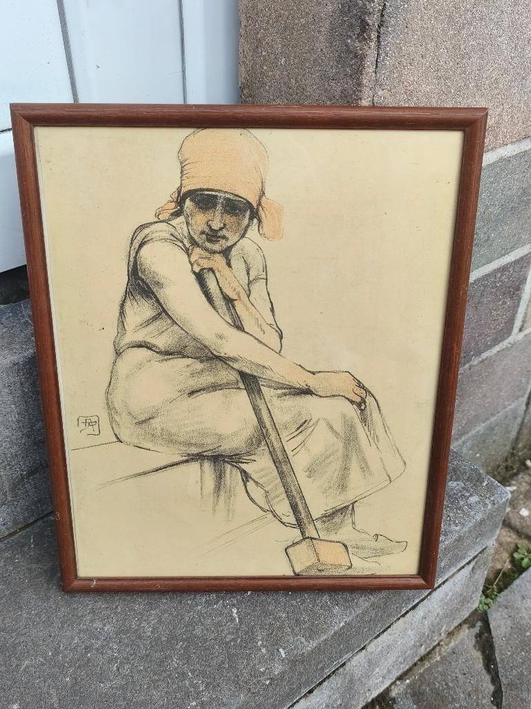 Lithographie hiercheuse monograme Armand rassenfosse, Antiquités & Art, Enlèvement ou Envoi