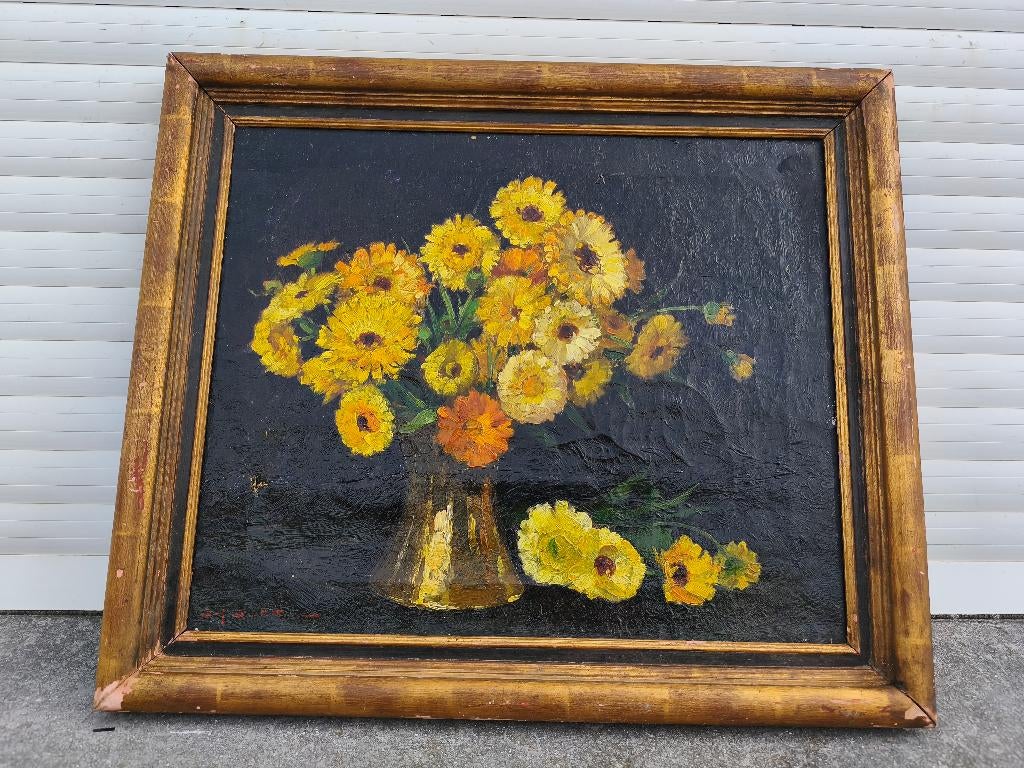 Huile sur toile fleurs signe jef Dutilleux, Antiquités & Art, Art | Peinture | Classique, Enlèvement ou Envoi