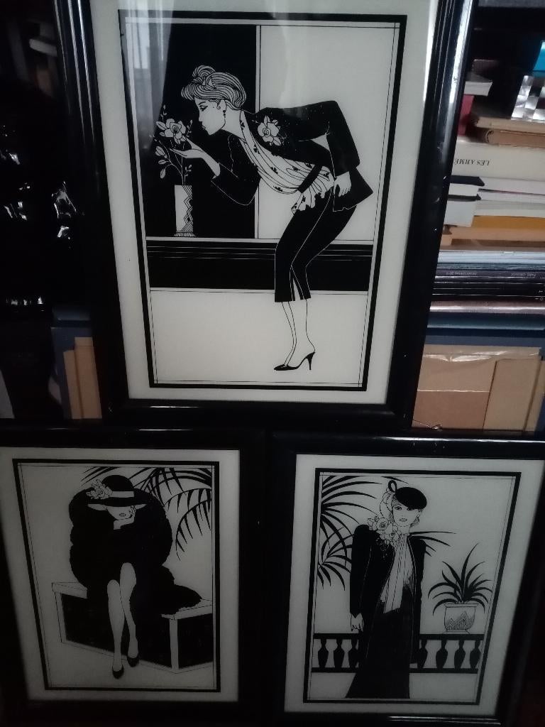 Trois dessins/gravure sur verre style art déco 44/34cm, Enlèvement