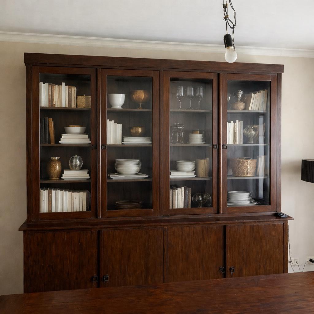 Vintage houten vitrinekast / buffetkast – sfeervol & ruim, Huis en Inrichting, Ophalen, 200 cm of meer, Landelijk hout met glas