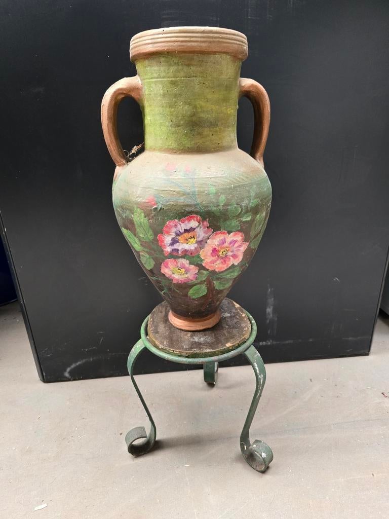 Handgeschilderde bloempot vaas kruik op statief tuin, Ophalen of Verzenden