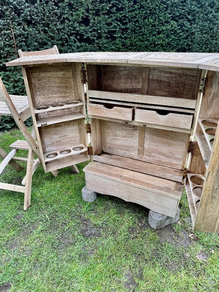 teak tafel + bartafel (barkast met 2 barkrukken (bieden v.a, Ophalen, Zo goed als nieuw, Vijf personen of meer, 100 tot 150 cm