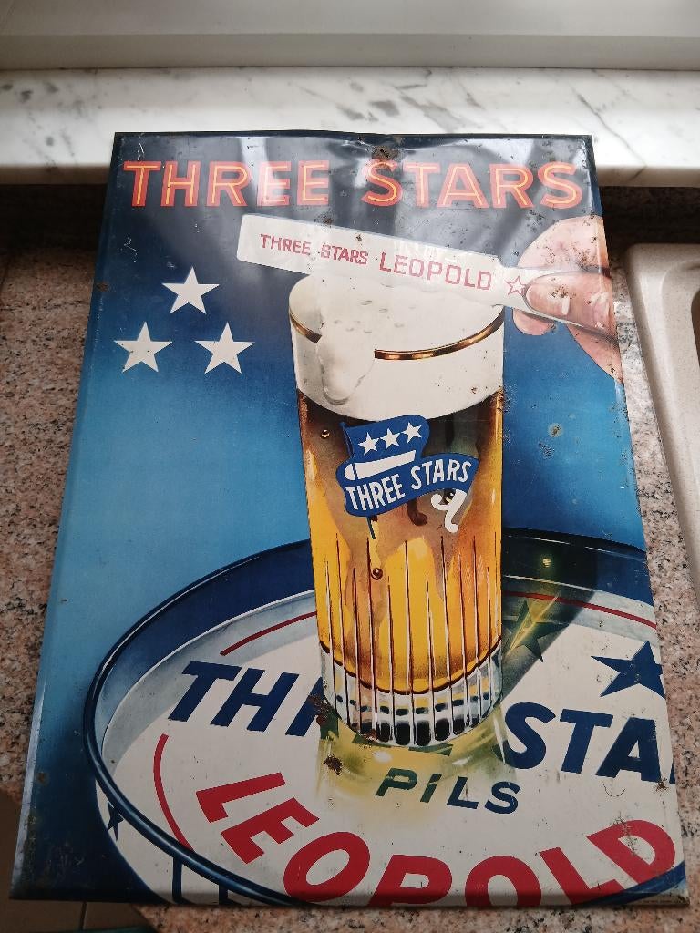Publicité bière Leopold three stars no plaque émaillée, Enlèvement ou Envoi, Utilisé, Panneau publicitaire