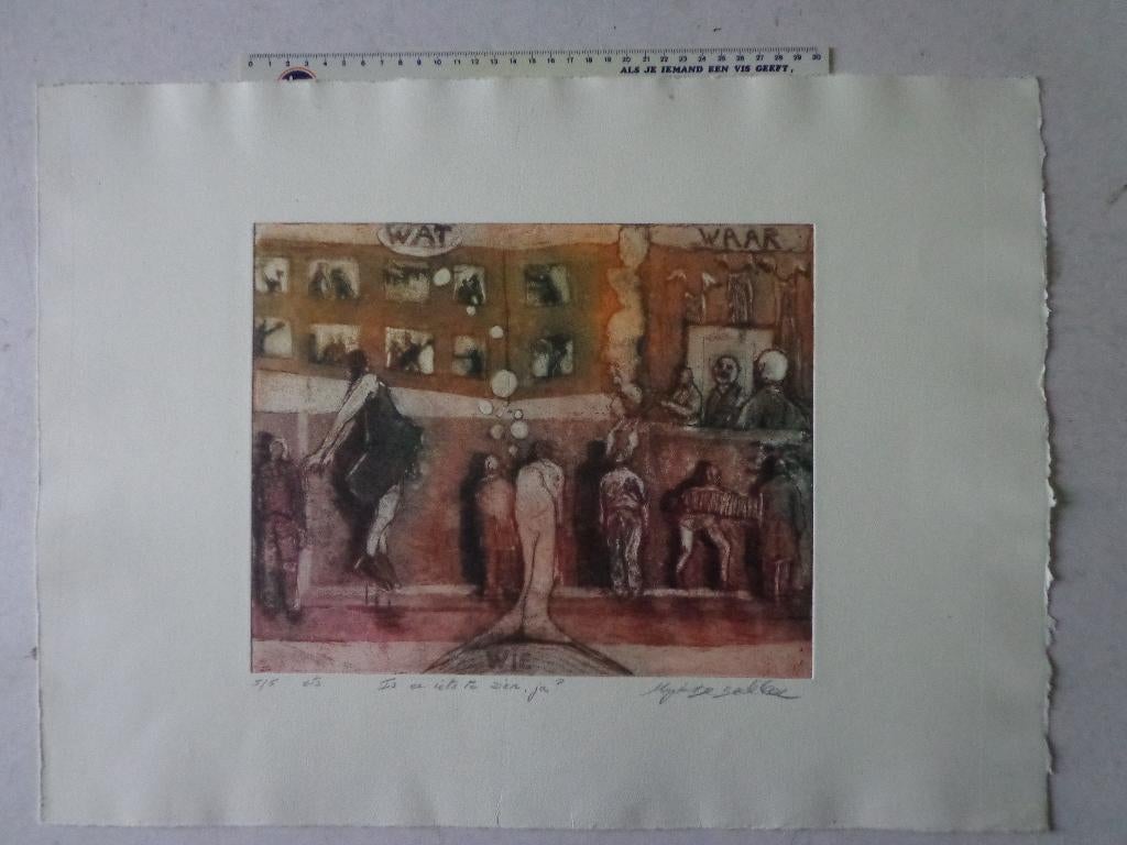 Leuke ets van Magda De Beccker "Is er iets te zien, ja?", Antiek en Kunst, 2000 tot heden, Dagelijks leven, Origineel, Ets