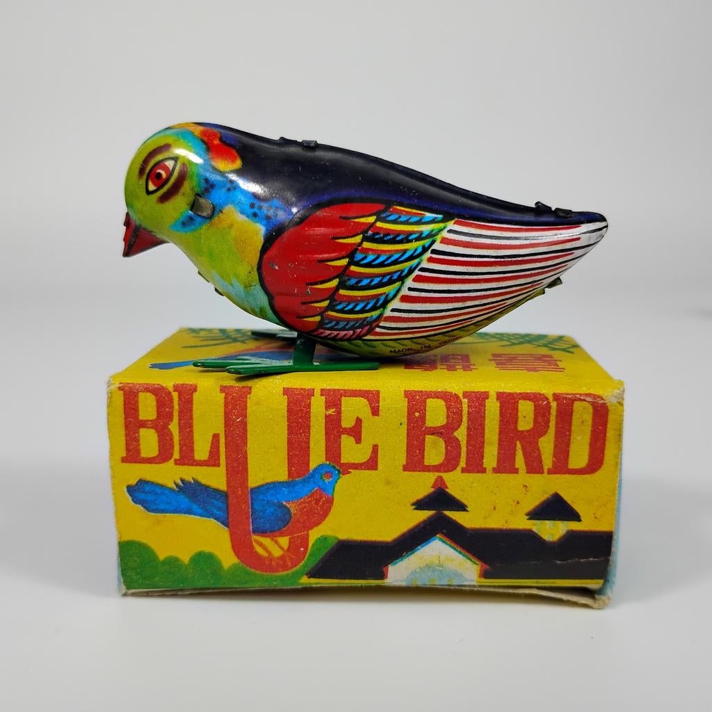 Mechanische piemel met blauwe vogel, Antiek en Kunst, Ophalen of Verzenden